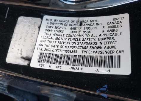 2017 Honda Civic Ex-L from USA, damaged, VIN 2HGFC1F75HH659843
